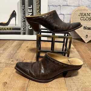 Lucchese 8 Brown Tooled Mules Leather Western Cowboy Slide**** WITH FLAWS***
